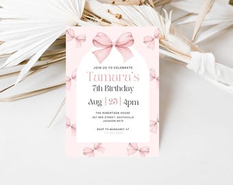 Pink Bow Birthday Invitation Pink Coquette Bow Invite Canva Template  Ribbon Girls Birthday Party Digital Invite Card Instant Download