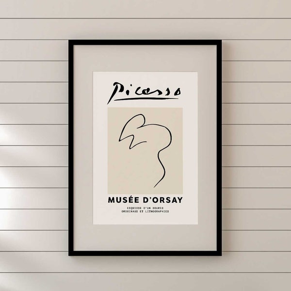 Picasso Maus Linie Kunst druckbares Plakat, Pablo Picasso Kunstdruck, minimalistische Vintage Ausstellung Kunstwerk, Picasso Tier Linie Zeichnung