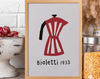Vintage Bialetti 1933 Coffee Poster by Klaas Gubbels: Timeless Espresso Elegance | Printable Wall Art | Digital Prints | Red Moka Pot Poster