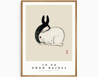 Black and White Rabbits by Kōno Bairei, Vintage Japanese Woodblock Poster, Minimalist Home Decor, Printable Wall Art, Bunnies Digital Prints