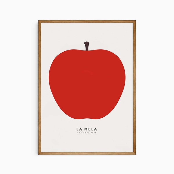 Enzo Mari - La manzana roja 1963 La Mela, arte de pared moderno de mediados de siglo, decoración de cocina, cartel rojo, fruta imprimible, descarga digital