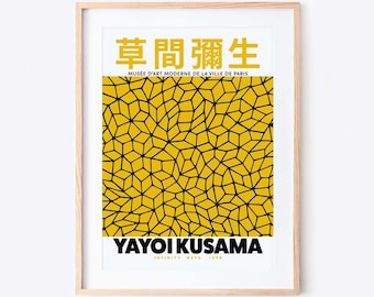 Cartel de la exposición Yayoi Kusama, Kusama Infinity Nets, arte de pared japonés, cartel amarillo grande, arte pop, arte de pared imprimible, impresiones digitales