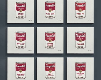 Andy Warhol Campbell’s Soup Cans, Set of 9 Digital Art Prints, Warhol Square Tomato Soup Wall Art, High Quality Pop Art, Digital Download