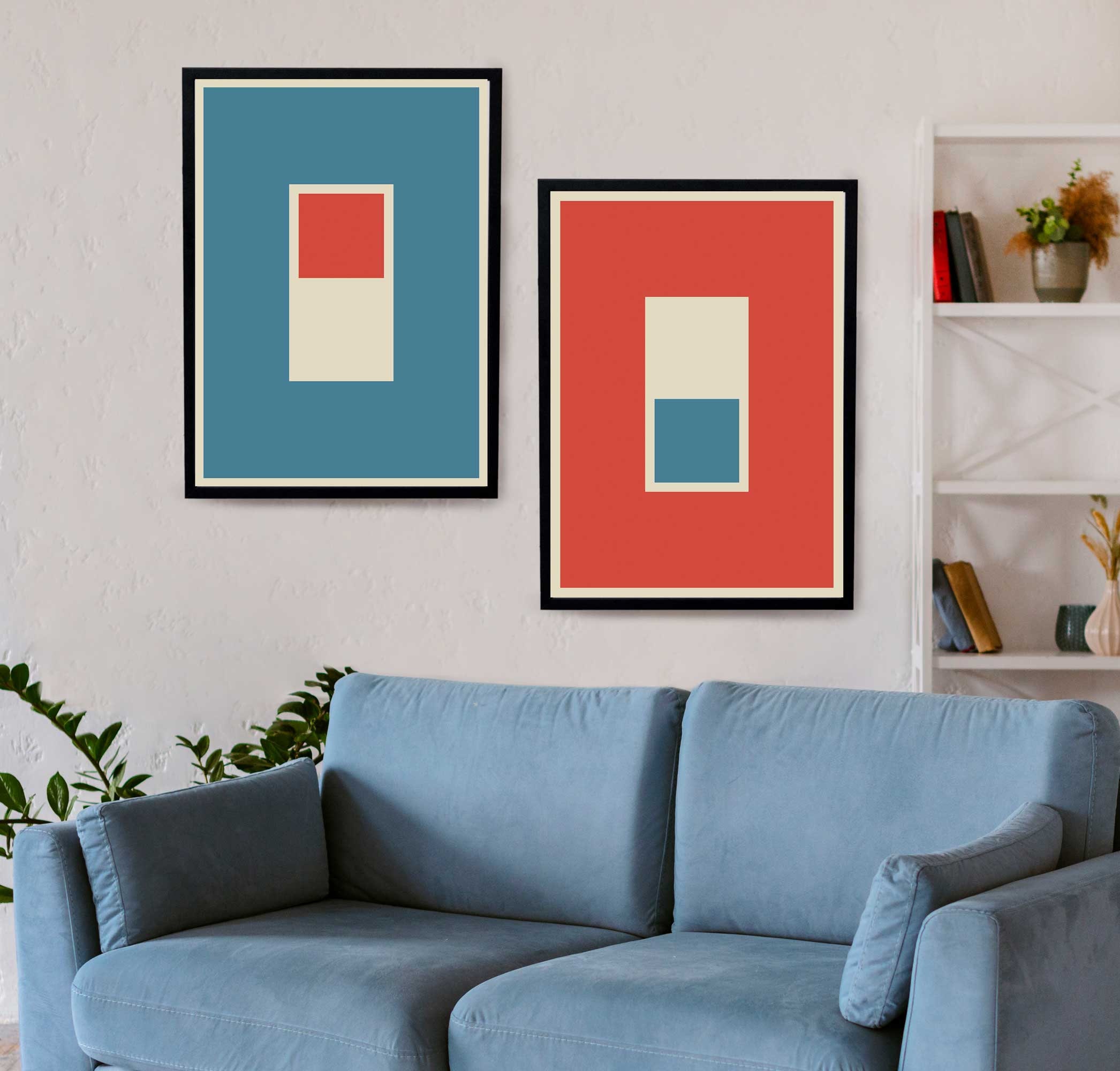 Red and Blue Wall Art Set Geometric Art, Blue and Red Prints Modern