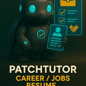 Puede incluir: Ilustración digital de un personaje con forma de tortuga con ojos y acentos azules brillantes, sosteniendo un currículum. La imagen incluye el texto "PATCHTUTOR CAREER / JOBS RESUME" y "Your adaptive career companion."