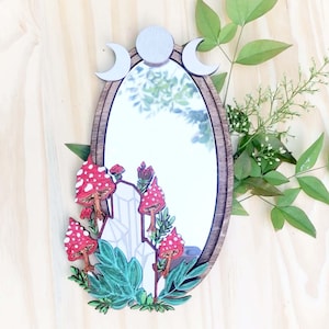 Red Crystal Mushroom Mirror: Handmade Fairy Garden Decor