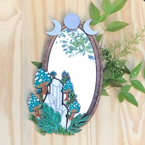 Blue Crystal Mushroom Mirror: Fairy Moon Decor (6x10&quot;)