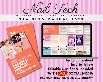 May include: A digital download of a nail technician training course manual with a certificate of completion. The manual includes information on acrylic, gel, nail art, and shellac techniques. The course also includes a free social media marketing bonus course.