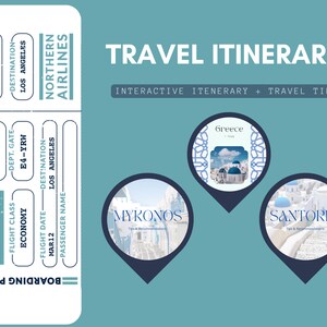 Puede incluir: Un diseño de itinerario de viaje con un gráfico de tarjeta de embarque y pines de destino para Grecia, Mykonos y Santorini. La tarjeta de embarque muestra los detalles del vuelo para Northern Airlines, asiento B64, y un vuelo a Los Ángeles.