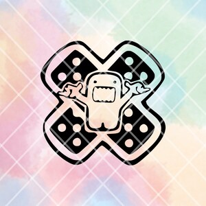 May include: Black and white graphic of a cartoon character with an open mouth and outstretched arms, centered on a bandage. The bandage is black with white dots and a cross shape, set against a pastel watercolor background.