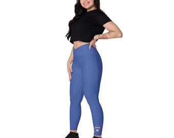 Calça legging feminina de ioga com cintura alta e bolsos cruzados: azul, cinza, branca