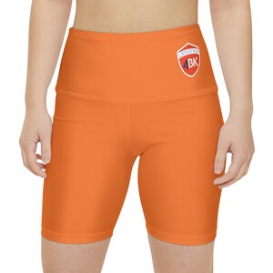 Pantalones cortos deportivos para mujer, leggings de cintura alta para mujer, pantalones cortos deportivos para gimnasio, pantalones cortos deportivos de poliéster, naranja, azul y blanco.