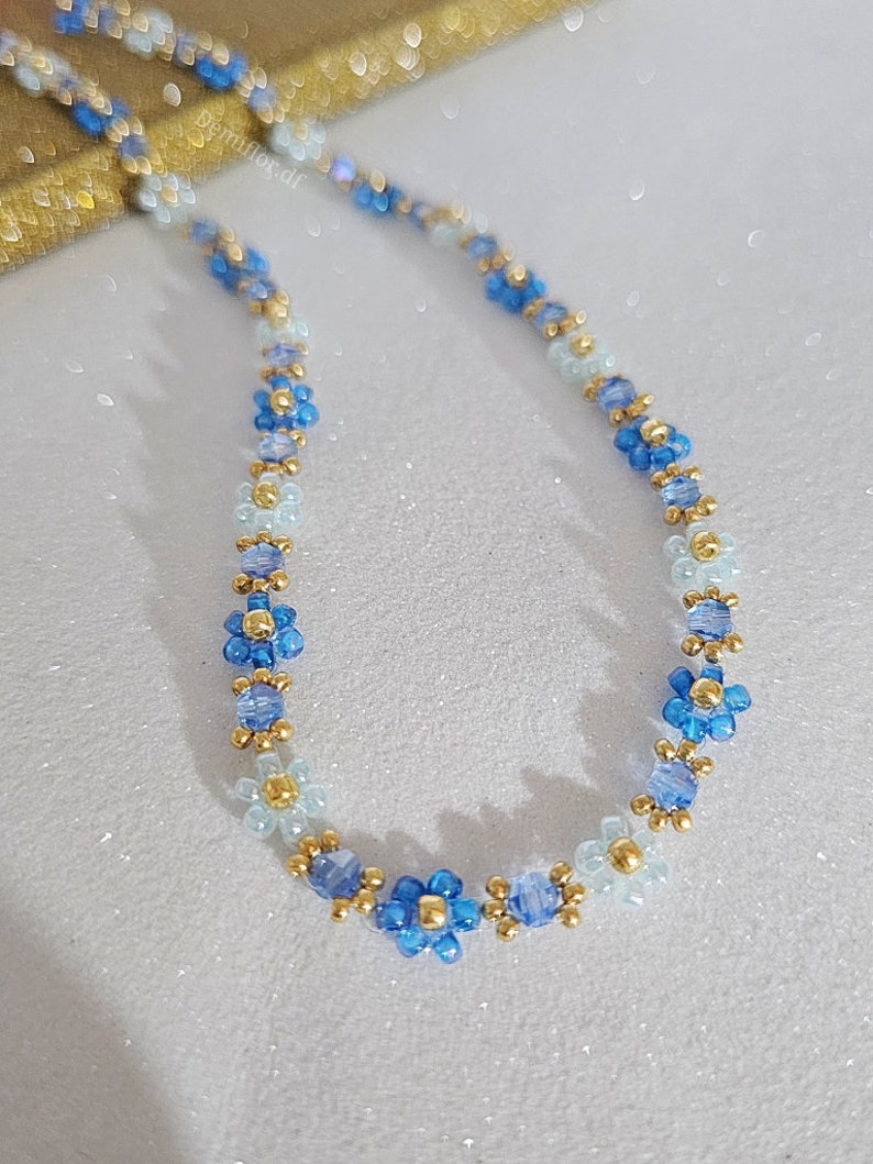 Collana di fiori blu realizzata a mano 414cm girocollo fatto a mano accessori donna, ragazza gioielli di perle collana floreale immagine 5