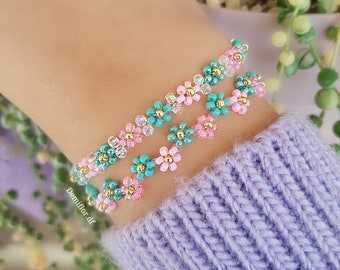 Set 2 Bracciali floreale fatti a mano / mini fiori rosa, turchese / Braccialetto margherite / stile minimale | accessori donna , ragazza