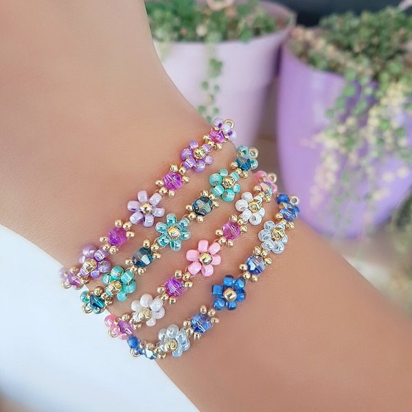 Floral bracelets 16cm + 4cm | pearl bracelet | handmade accessories | bijoux with daisies flowers | gift idea | woman | friendship