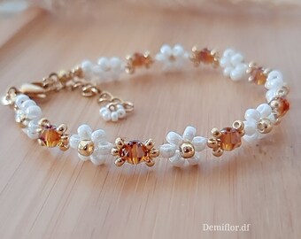 Bracciale di fiori Bianco e marrone 16 + 4 cm / bracciale di perle / accessori / fiorellini  / margherite / idea regalo / donna | amicizia