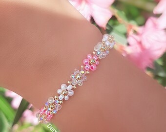 Bracciale Rosa e Bianco 16 + 4 cm Regolabile / braccialetto fiori di perle vetro | moda accessori | idea regalo bracciale | amicizia