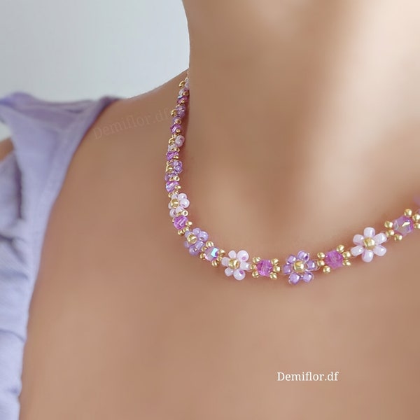 Collana violetta con perline di fiori 41cm +4cm | girocollo donna accessori | gioielli di perle | collana floreale | per te | daisy necklace