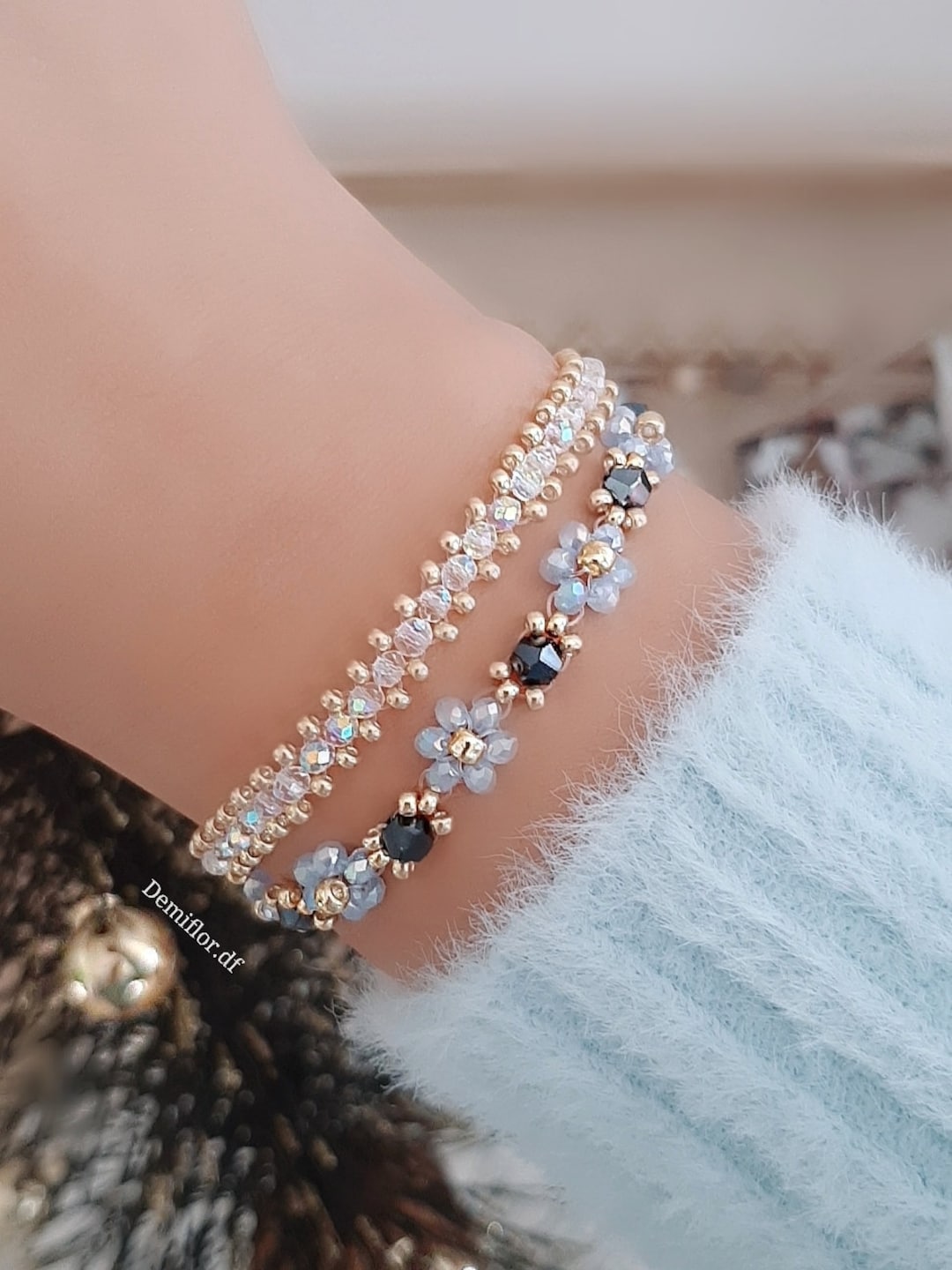 Set of 2 Crystal Bead Bracelets 16cm + 4cm / Flowers / Minimalist