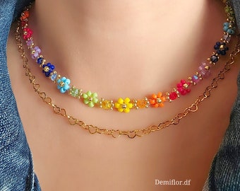 Collana di fiori con perle colori Arcobaleno 41+4cm | collana di perle floreale margherite | gioielli artigianali | collana girocollo