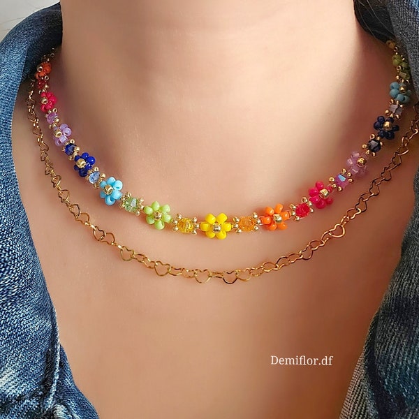 Collana di fiori con perle colori Arcobaleno 41+4cm | collana di perle floreale margherite | gioielli artigianali | collana girocollo