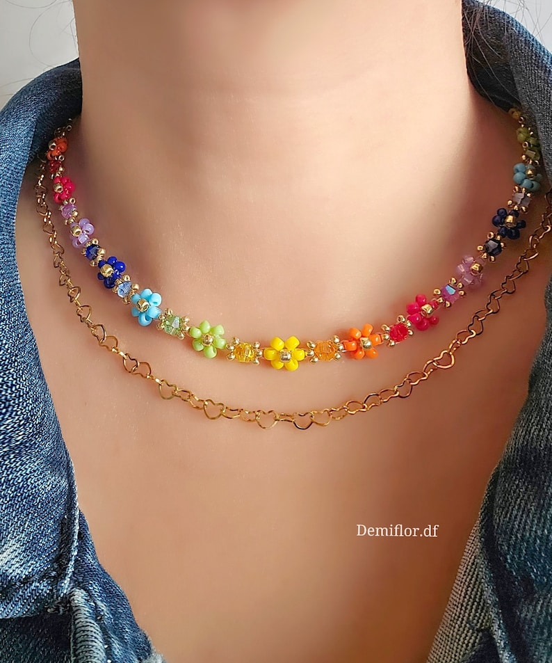 Collana di fiori con perle colori Arcobaleno 414cm collana di perle floreale margherite gioielli artigianali collana girocollo immagine 1