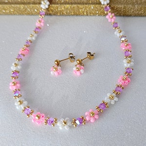 Collana di fiori rosa 414cm Girocollo fatto a mano accessori donna, ragazza gioielli di perle unici collana floreale primaverile immagine 2