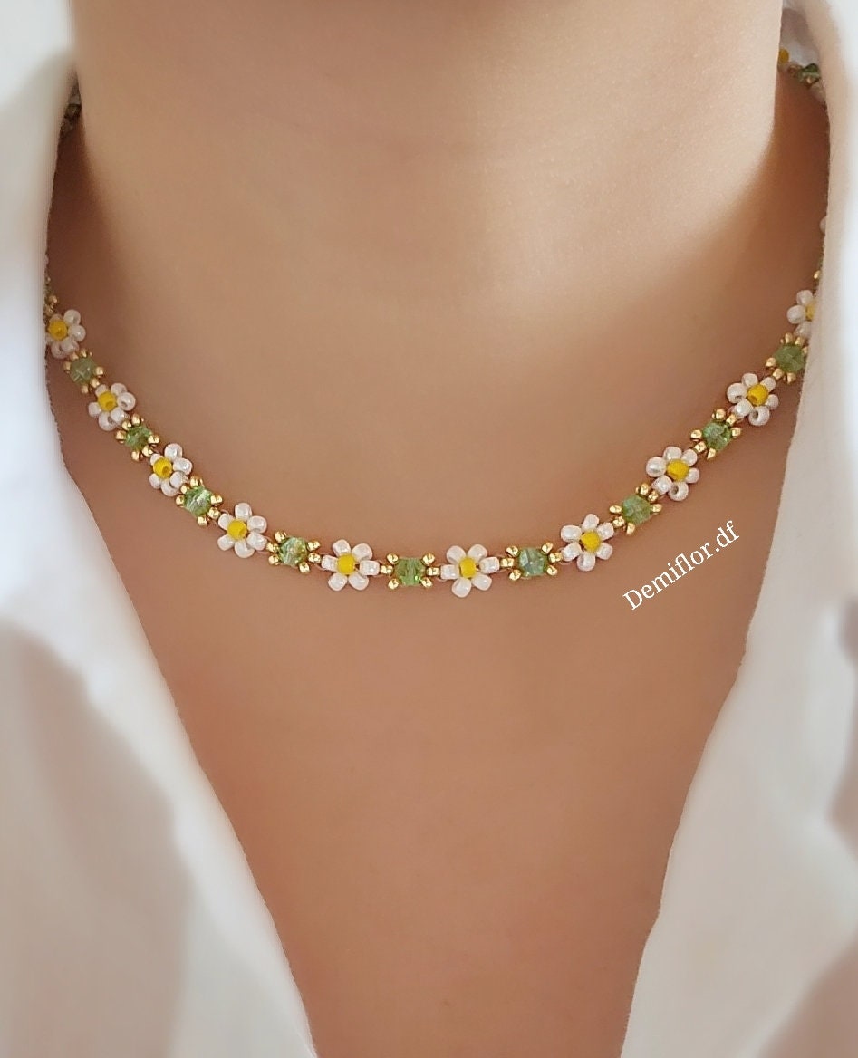 Collana Girasole Boho Con Perline E Margherita Bianca - Gioiello Girocollo Estivo Per Donna