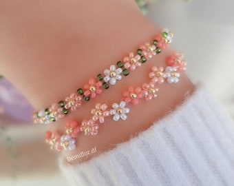 Set 2 Bracciali di fiori  | mini fiori di perle | gioielli artigianali | bracciale margherite |  gioelli con fiori margherite pesca 16cm+4cm