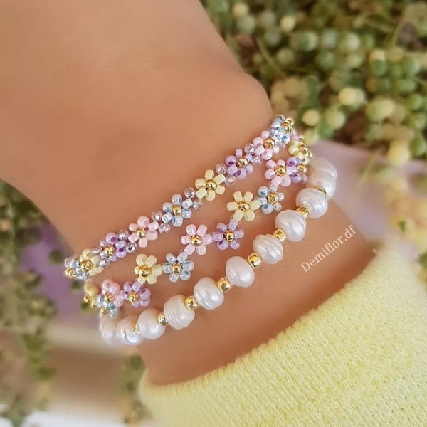 Set 2 Bracciali mini fiori colori pastello 16+4cm regolabile | arcobaleno | stile minimale |braccialetto perline | fatto a mano | perle