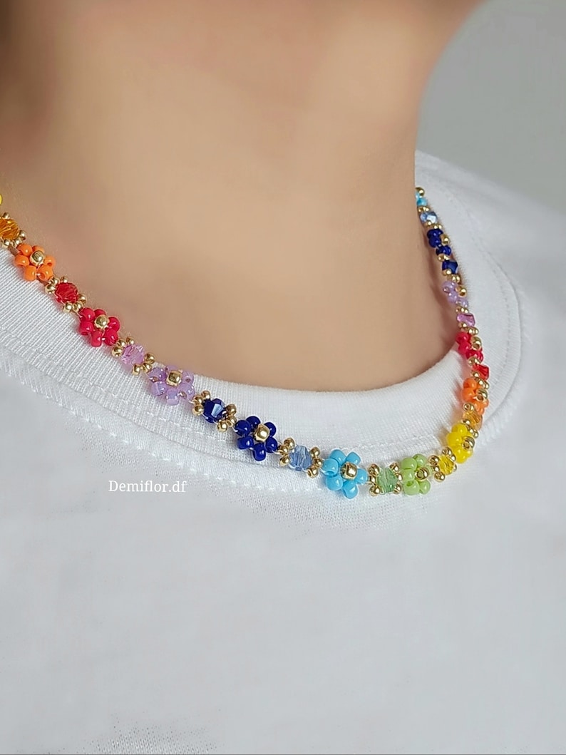 Collana di fiori con perle colori Arcobaleno 414cm collana di perle floreale margherite gioielli artigianali collana girocollo immagine 3