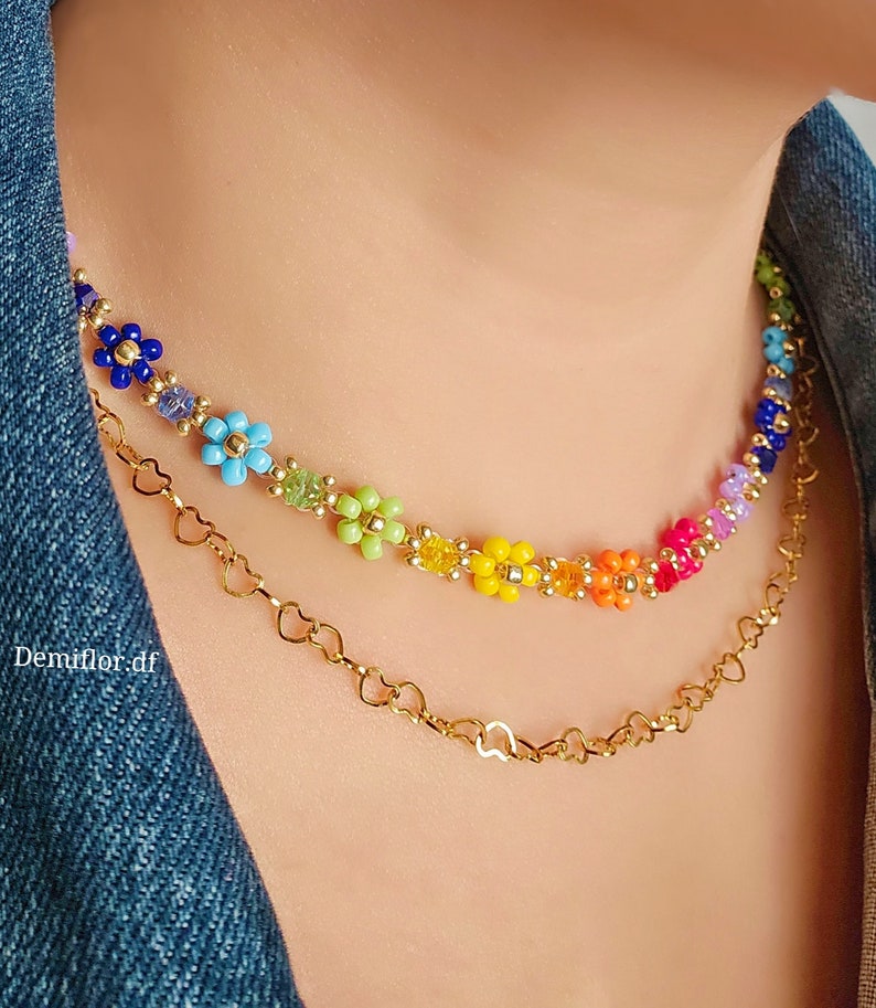 Collana di fiori con perle colori Arcobaleno 414cm collana di perle floreale margherite gioielli artigianali collana girocollo immagine 6