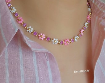 Collana di fiori rosa 41+4cm | Girocollo | fatto a mano | accessori donna, ragazza | gioielli di perle unici | collana floreale primaverile