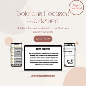 Könnte beinhalten: Ein digitaler Download-Arbeitsblatt mit dem Titel "Solutions Focused Worksheet" mit dem Slogan "Solutions focused worksheet that will help you CRUSH your goals!" und einem Button mit der Aufschrift "SHOP NOW". Das Arbeitsblatt soll Menschen helfen, lösungsorientiertes Denken zu entwickeln. Das Arbeitsblatt enthält einen Abschnitt mit dem Titel "Five Tips for Becoming Solutions Focused" und einen Abschnitt mit dem Titel "Before You Begin".