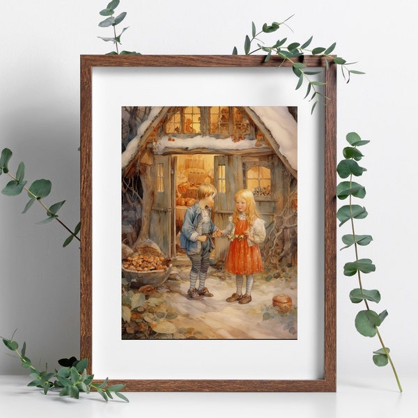 Hansel and Gretel vintage art Hansel and Gretal painting vintage fairytale storybook decor vintage wall art digital wall print jpg