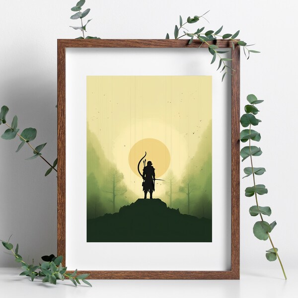 Robin Hood fairytale art Robin Hood minimal painting unique fairytale storybook green decor vintage wall art childrens digital wall print