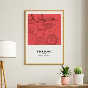 May include: A framed print of a map of Beleriand, a fictional land from J.R.R. Tolkien's The Silmarillion. The map is in black and white on a red background. The frame is wood with a light brown finish.