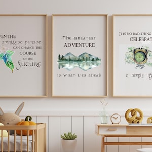 May include: Three framed art prints with inspirational quotes. The prints feature watercolor illustrations of a leaf, mountains, and a hobbit door. The quotes include "The greatest adventure is what lies ahead."