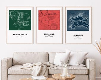 Lot de 3 cartes imprimables de la Terre du Milieu Numenor Beleriand Maps JRR Tolkien