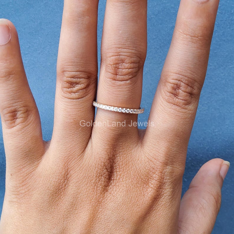 Round Cut Moissanite Wedding Band, 14k Solid Gold Pave Half Eternity ...