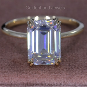 4 CT  Emerald Cut Solitaire Moissanite Engagement Ring, Double Claw Prong Yellow Gold  Emerald Ring, Anniversary Gift Promise Ring For Her