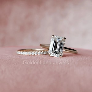 2,5 ct Szmaragdowy Szlifowany Zestaw Pierścionków Zaręczynowych, Ukryty Halo Moissanite Pierścionek Zaręczynowy, Szmaragdowy Vintage Solid Gold Bridal Wedding Set