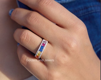 Rainbow Sapphire Ring, Multi Color Moissanite Wedding Band, Dainty Half Eternity Rainbow Ring For Her, Unique Anniversary Gift For Women