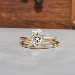 2 CT Oval Moissanite Ring Set, Women Moissanite Engagement Ring Set, Bridal Set, Wedding Set,9x7mm Oval Solitaire Ring & Solid Gold Band Set