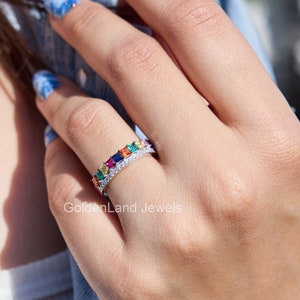 Princess cut Multi Gemstone Half Eternity Wedding Band, Rainbow Band Ring, Sapphire Promise Ring, Stacking Matching Band, Bridal Ring Gift
