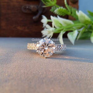 3 CT Round Cut Moissanite Solid White Gold Engagement Ring,  6 Prong Solitaire Ring, pave wedding ring for women promise anniversary ring