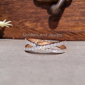Criss cross moissanite wedding band vintage Crossover ring Micro pave ring Unique wedding band Rose gold matching stacking ring Bridal ring
