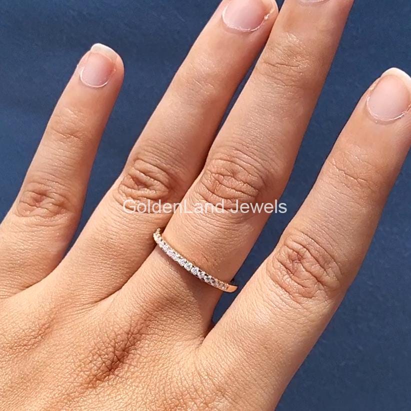Round Cut Moissanite Wedding Band, 14k Solid Gold Pave Half Eternity ...