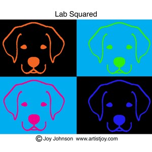 May include: A digital illustration of four Labrador Retriever heads in a grid pattern. The heads are outlined in orange, green, pink, and blue, and are set against a black and blue background. The text "Lab Squared" appears above the image.