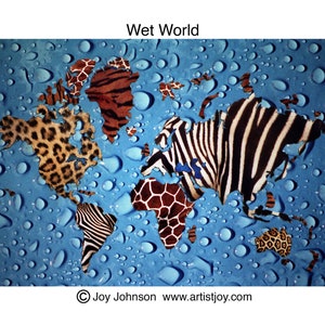 Título: Wet World Impresión artística de 4 x 6 pulgadas en papel fotográfico. Recorté mis fotos de primeros planos de animales en forma de continentes. No utilicé computadora